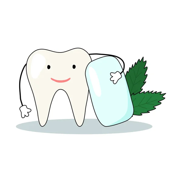 Χαριτωμένο Χαρακτήρα Των Δοντιών Μέντα Μάσημα Τσίκλα Οδοντιατρική Φροντίδα Έννοια — Διανυσματικό Αρχείο