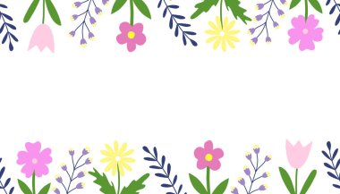 Çiçekler ve yapraklarla kusursuz sınır, karalama tarzı düz vektör çizimi