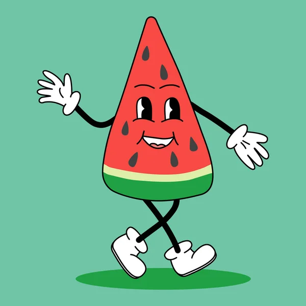 Watermelon Groovy Estilo Bonito Personagem Desenho Animado Com Rosto Braços — Vetor de Stock