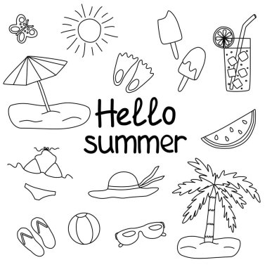 Merhaba yaz mektupları ve yaz elementleri. Palmiye, güneş, yiyecek, meyve, içecek. Posterler, çıkartmalar, kartlar, baskılar, parti dekorasyonu ve diğerleri için şablon, doodle biçimi siyah vektör illüstrasyonu