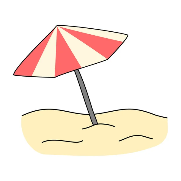 Beach Umbrella Red White Sand Vacation Travel Concept Doodle Style — Stock Vector