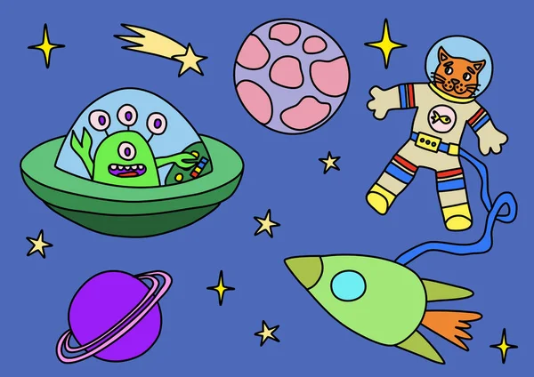 Ilustración Espacial Para Niños Con Planetas Estrellas Cohetes Astronautas Alienígenas — Vector de stock
