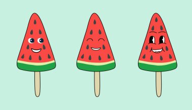 Karpuz karakterleri, dondurma, vektör illüstrasyonu.