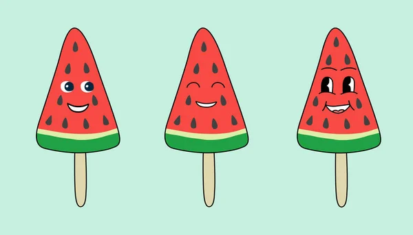 Set Von Groovy Style Niedlichen Cartoon Wassermelone Figuren Eis Vektorillustration — Stockvektor