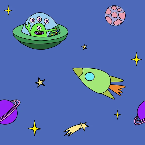 带有恒星 火箭和外星宇宙飞船的空间 无缝图案 涂鸦风格的卡通矢量插图 — 图库矢量图片