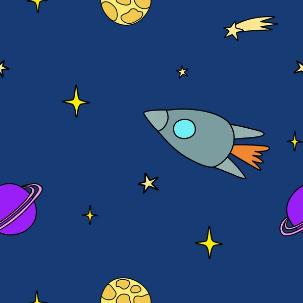 带有恒星 行星和火箭的空间 无缝图案 涂鸦风格的卡通矢量插图 — 图库矢量图片