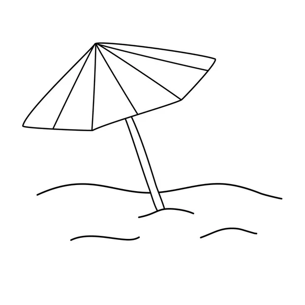 砂の中のビーチの傘の赤と白 休暇や旅行のコンセプト 子供のぬり絵のためのドードルスタイルフラットベクトルアウトラインイラスト — ストックベクタ