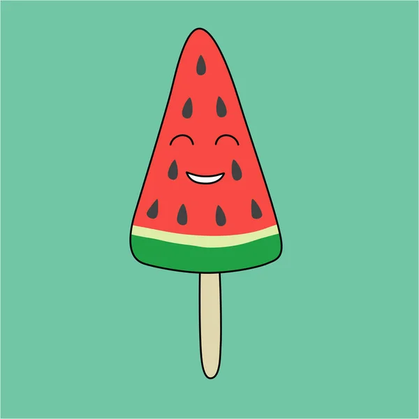 Watermeloen Schattig Stripfiguur Ijs Met Gezicht Vector Illustratie — Stockvector