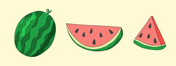 Set Mit Frischer Reifer Wassermelone Und Scheiben Doodle Stil Vektorillustration — Stockvektor