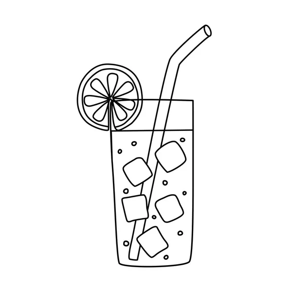 软饮料 果汁或夏季鸡尾酒 杯子里有冰块 涂鸦式扁平矢量图解 供孩子们在书中涂色 — 图库矢量图片