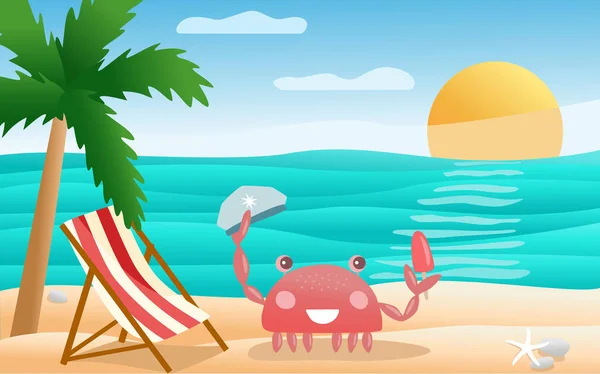かわいい漫画スタイルのカニのキャラクター笑顔で熱帯のビーチパノラマの背景 旅行や休暇のコンセプトでキャプテン帽子とアイスクリーム ベクトルイラスト — ストックベクタ