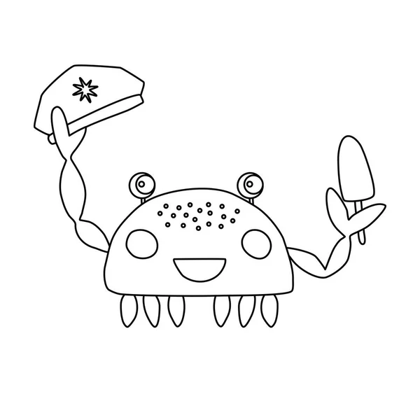 可爱的卡通风格螃蟹人物形象笑了 船长的帽子和冰淇淋在爪子 涂鸦平面矢量图解为孩子们着色书 — 图库矢量图片
