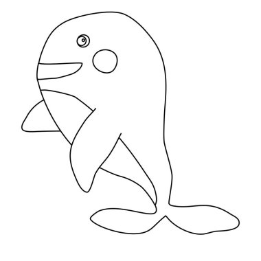 Sevimli çizgi film stili balina karakteri gülümsüyor, karalama stili düz vektör taslağı çocuk boyama kitabı için.