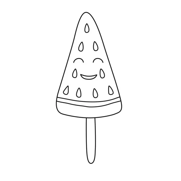 スイカかわいい漫画のキャラクターアイスクリーム顔 子供のぬり絵のためのドードルスタイルのフラットベクトルアウトラインイラスト — ストックベクタ