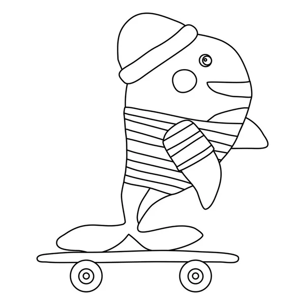 Söt Tecknad Stil Val Karaktär Skateboard Doodle Stil Platt Vektor — Stock vektor