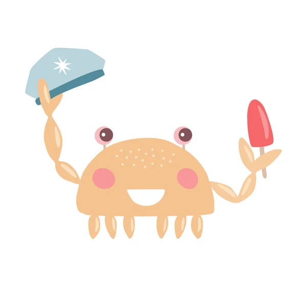 Cute Cartoon Style Crab Character Smiling Captain Hat Ice Cream — Stock Vector