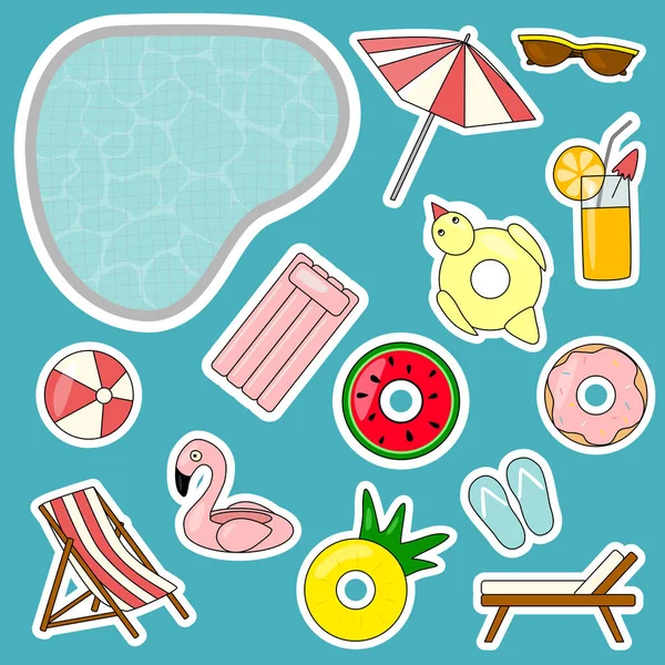 Summer Sticker Pack Swimming Pool Inflatable Rings Cocktail Umbrella Sunglasses — Stock Vector