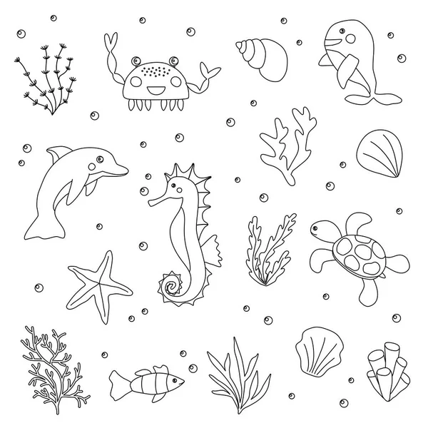 Set Aus Verschiedenen Meer Oder Meerestieren Muscheln Und Algen Doodle — Stockvektor
