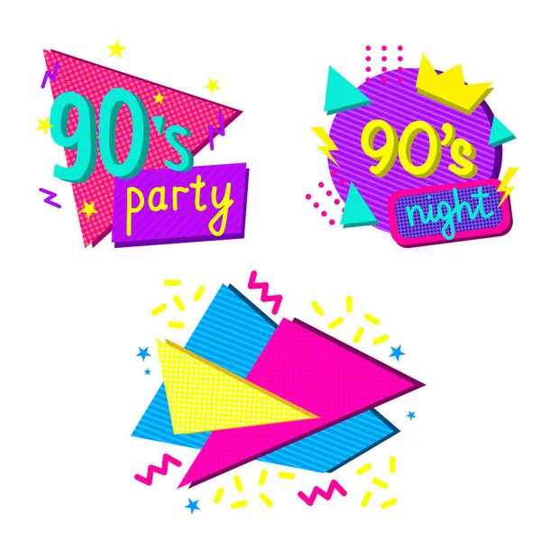 カラフルな1990年代スタイルのデザイン要素 抽象的な幾何学的な形状のレタリング イベントやパーティーの招待状のベクトルイラストで設定 — ストックベクタ