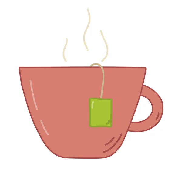 Sıcak Çay Çay Poşeti Etiketi Fincanın Üzerindeki Buhar Vektör Illüstrasyonu — Stok Vektör
