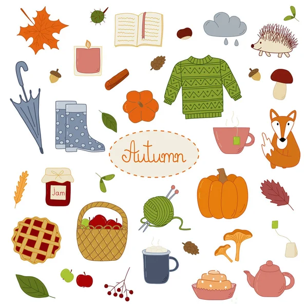 Farbenfroher Herbst Doodle Stil Gemütliche Herbstsachen Vektorillustration — Stockvektor