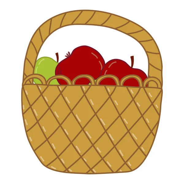 Ψάθινο Καλάθι Γεμάτο Ώριμα Μήλα Φθινοπωρινή Συγκομιδή Doodle Στυλ Επίπεδη — Διανυσματικό Αρχείο