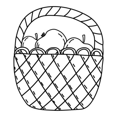 Olgun elmalarla dolu sepet, sonbahar hasadı, karalama stili düz vektör çizimi çocuk kitapları boyama çizimi.