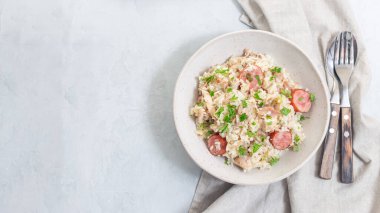 Önlüklü tavuk yahnisi, geleneksel Güney Carolina tarifi, bir kâse, yatay, üst manzara, kopyalama alanı.
