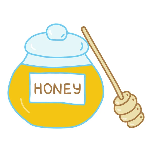 蜂蜜および木の蜂蜜のディッパーまたは蜂蜜のスプーンが付いているガラス瓶 落書き様式の平らなベクターのイラスト — ストックベクタ