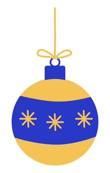Blau Gelber Festball Mit Schneeflocken Weihnachtsbaumschmuck Seil Hängend Designelement Winterurlaub — Stockvektor