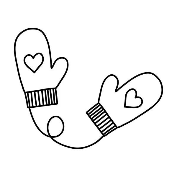 Pair Cute Warm Knitted Mittens Heart Pattern Doodle Style Flat — Stock Vector