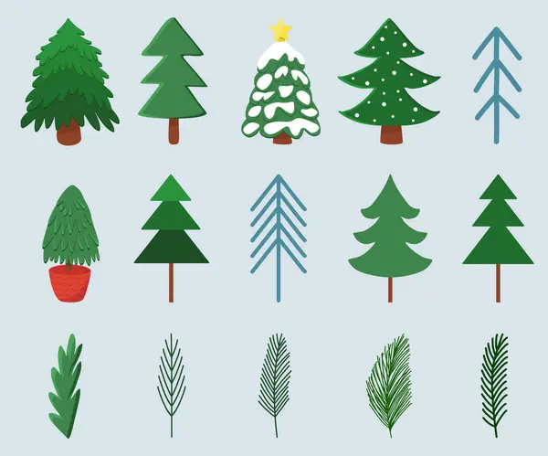 Set Von Verschiedenen Stilen Weihnachtsbäume Kiefern Und Zweige Winter Ferien — Stockvektor