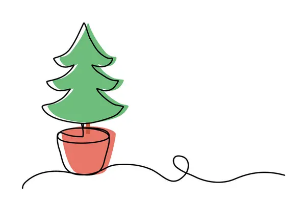 Christmas Tree Pot Line Art Color Backdrop Continuous Line Vector — Stock Vector