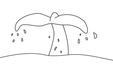 Okyanus suyunun üzerinde balina kuyruğu, etrafta çok damla var, karalama stili düz vektör taslağı çocuk boyama kitabı için.