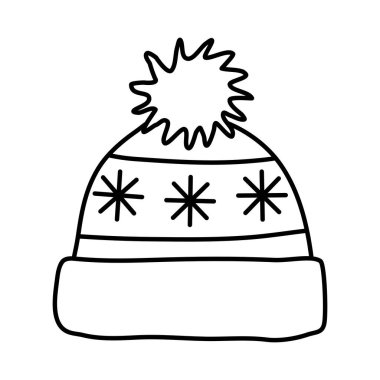 Pompom ve kar taneleriyle örülmüş kış şapkası, karalama stili düz vektör çizimi çocuk kitaplarını boyama çizimi