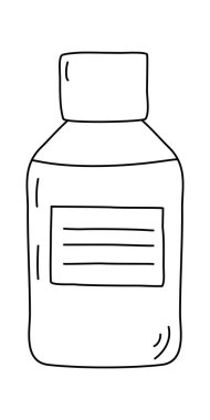 Vida kapaklı cam şişe, sıvı, öksürük şurubu ya da ilaç tedavisi ile dolu, çizgi çizimi çocuk kitaplarını boyamak için düz vektör çizimi