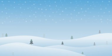 Gündüz karlı tepeler ve çam ağaçları ile kış arka planı, kar yağışı, kopyalama alanı, vektör illüstrasyonu