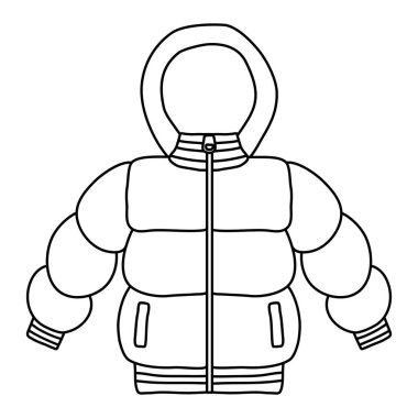 Kapüşonlu, kışlık giysili ve aksesuarlı sıcak kış ceketi, çizgi çizimleri çocuk kitapları için düz vektör çizimi.