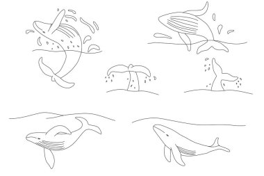 Balinalar, Dünya Balina Günü afişi ya da kartı, ekoloji konsepti okyanus kirliliğini durdurun ve plastik, karalama tarzı düz vektör çizimlerine hayır deyin.