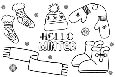 Kürklü, eşarplı ve eldivenli süet çizmeler, sıcak kış aksesuarları, çizgi çizimleri çocuk kitaplarını boyamak için düz vektör çizimi