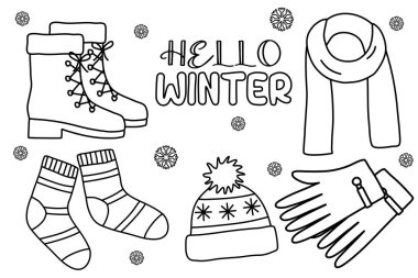 Ayakkabıları, atkıyı, çorapları, şapkayı ve eldivenleri, sıcak kış aksesuarlarını, çizgi çizimleri çocuk kitaplarını boyamak için düz çizim çizimleri.