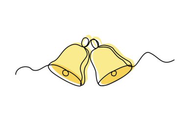 İki altın renkli Noel çanı, çizgi sanatı kış tatili tasarım elementi, sürekli çizgi vektör illüstrasyonu