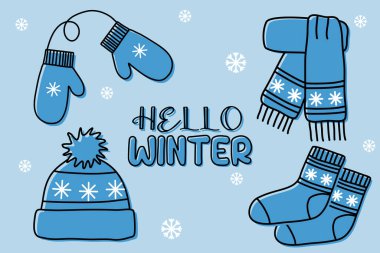 Eldivenli, şapkalı, atkılı ve çoraplı tek renkli kış aksesuar seti, düz stil vektör çizimi