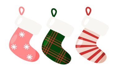 Bayram hediyeleri için Noel çorapları. Şömineye asılacak, vektör illüstrasyonu.