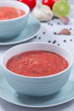 Bir kâsede gazpacho çorbası, dikey.