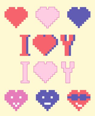 Seni seviyorum ve piksel kalpler, duygu dolu kalpler, tebrik kartı şablonu, vektör illüstrasyonu