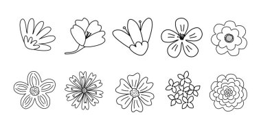 Farklı çiçek başlıkları, bahar tasarımı, karalama stili düz vektör çizimi çocuk boyama kitabı çizimleri