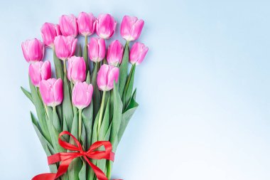 Mavi arka planda kırmızı kurdeleli güzel pembe laleler, Anneler Günü için tebrik kartı, 8 Mart ya da Sevgililer Günü konsepti, yatay, üst manzara, kopya alanı