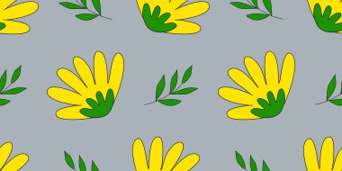 Sarı çiçekli kusursuz desen ve gri arkaplanda dallar, vektör illüstrasyonu