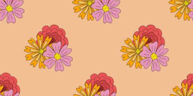 Bahar, çayır çiçekleri, gül, papatya ve papatya ya da kayısı üzerine kadife çiçeği, vektör illüstrasyon